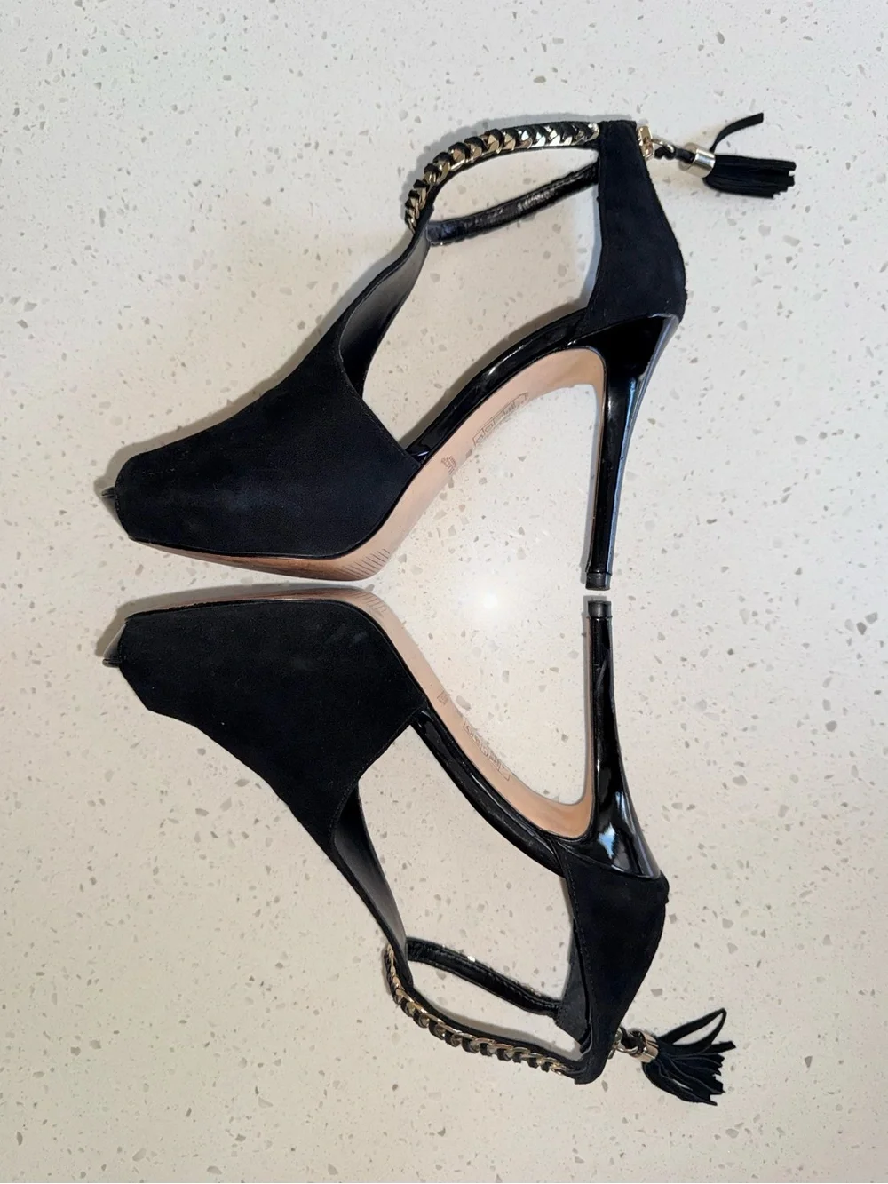 White House Black Market Black Suede High Heel Sandals with Gold Chain Accent